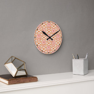 Vintage Floral Cameo Pattern In Pink & Orange Round Clock