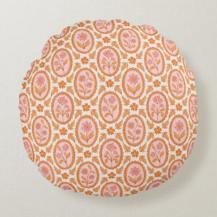 Vintage Floral Cameo Pattern In Pink & Orange Round Cushion