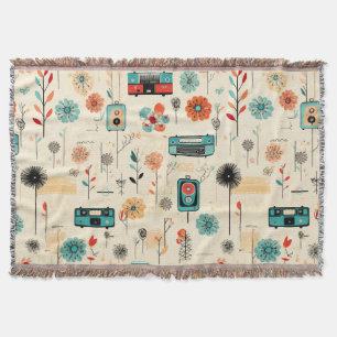 Vintage Floral & Camera Pattern (2) Throw Blanket