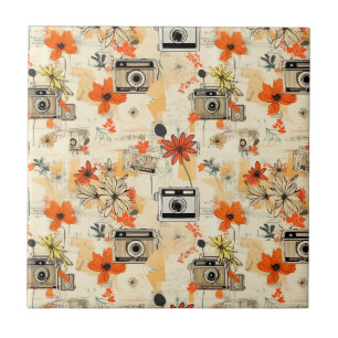 Vintage Floral & Camera Pattern (5) Ceramic Tile