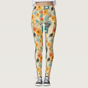 Vintage Floral & Camera Pattern (8) Leggings