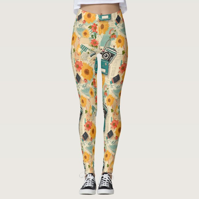 Vintage Floral & Camera Pattern (8) Leggings (Front)