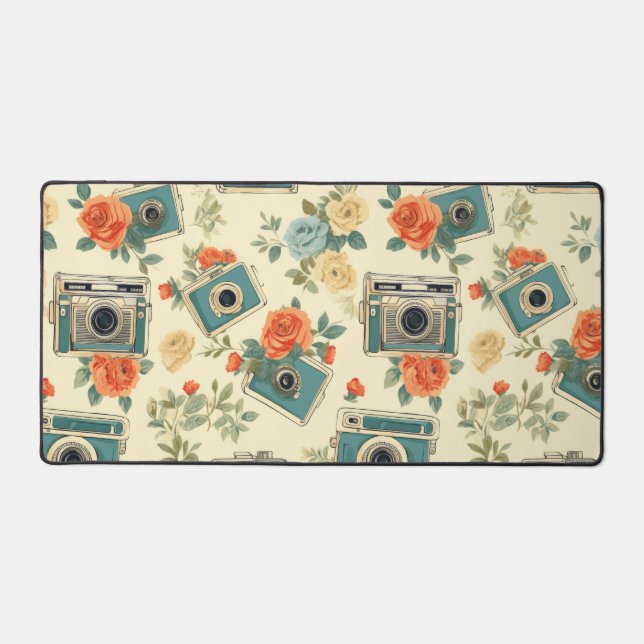 Vintage Floral & Camera Pattern Desk Mat (Front)