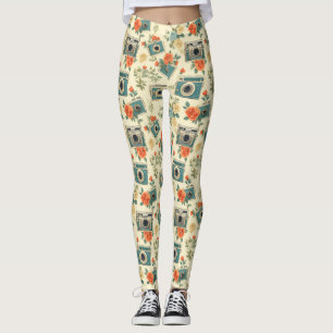 Vintage Floral & Camera Pattern Leggings