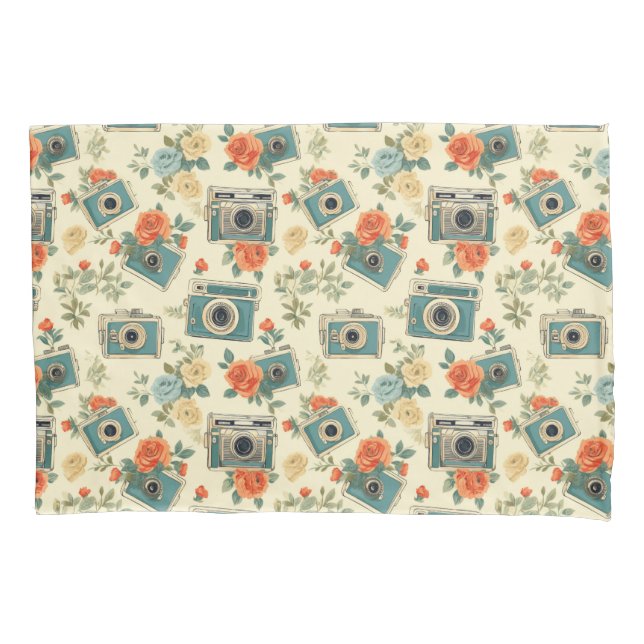 Vintage Floral & Camera Pattern Pillowcase (Front-Left)