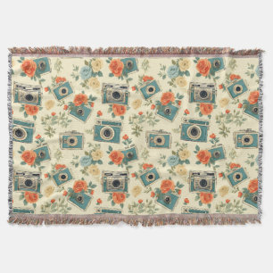 Vintage Floral & Camera Pattern Throw Blanket