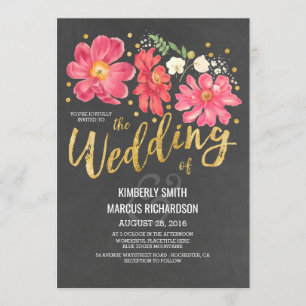Vintage Floral Chalkboard and Gold Wedding Invitation
