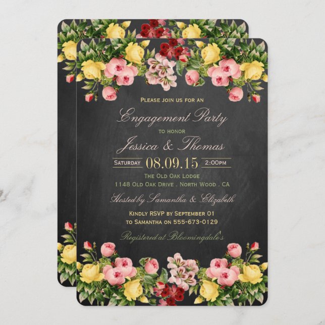Vintage Floral Chalkboard Engagement Party Invitation (Front/Back)