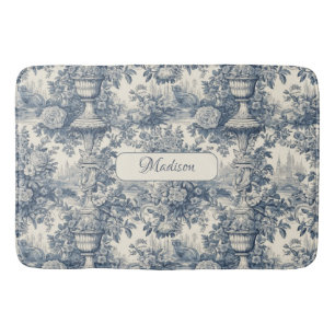 Vintage floral chic Blue toile de jouy monogram Bath Mat