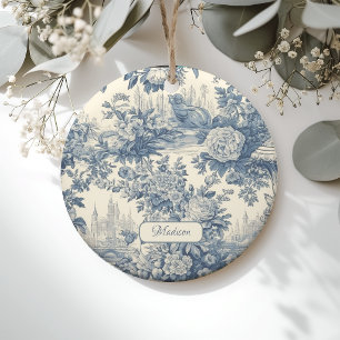 Vintage floral chic Blue toile de jouy monogram Ceramic Ornament