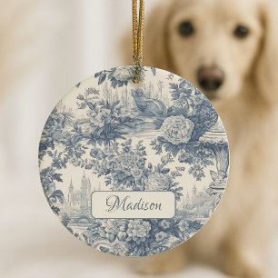 Vintage floral chic Blue toile de jouy monogram Ceramic Ornament