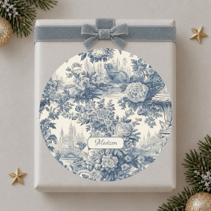 Vintage floral chic Blue toile de jouy monogram Classic Round Sticker