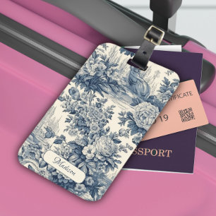 Vintage floral chic Blue toile de jouy monogram Luggage Tag