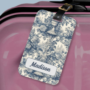 Vintage floral chic Blue toile de jouy monogram Luggage Tag