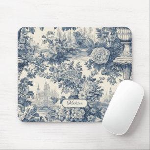 Vintage floral chic Blue toile de jouy monogram Mouse Pad