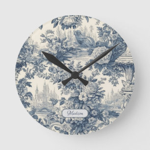 Vintage floral chic Blue toile de jouy monogram Round Clock