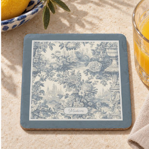 Vintage floral chic Blue toile de jouy monogram Stone Coaster