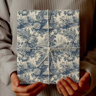Vintage floral chic Blue toile de jouy Wrapping Paper