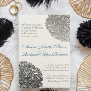 Vintage Floral Chrysanthemum Grey and Blue Invitation