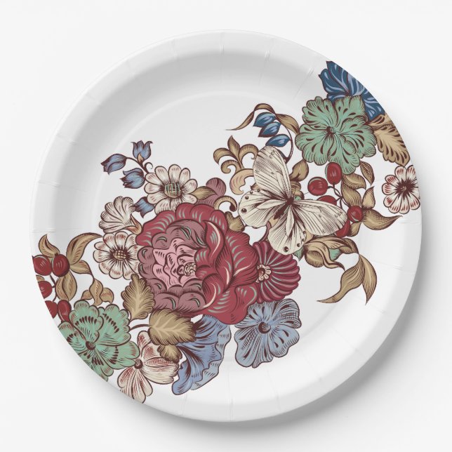 Vintage Floral Coined Cocktail Napkins Paper Plate (Front)