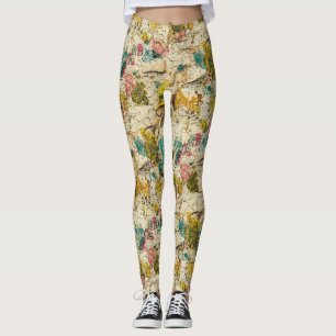 Vintage Floral Collage with Aged Paper Texture Leggings