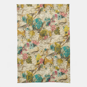 Vintage Floral Collage with Aged Paper Texture Tea Towel