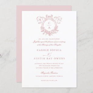 Vintage Floral Crest Blush Bow Ribbon Wedding Invitation