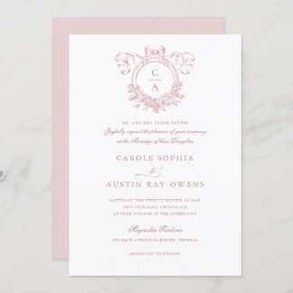 Vintage Floral Crest Blush Bow Ribbon Wedding Invitation