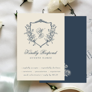Vintage Floral Crest Cream & Navy Monogram Wedding RSVP Card