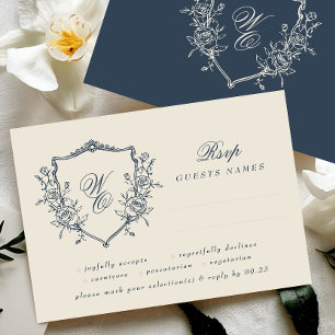Vintage Floral Crest Cream & Navy Monogram Wedding RSVP Card