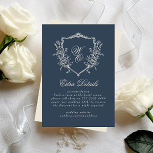 Vintage Floral Crest Navy & Cream Monogram Wedding Enclosure Card