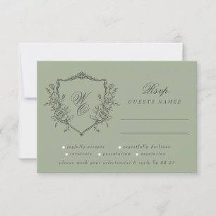 Vintage Floral Crest Olive Sage Monogram Wedding RSVP Card