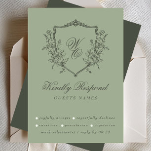 Vintage Floral Crest Olive Sage Monogram Wedding RSVP Card