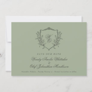 Vintage Floral Crest Sage on Olive Monogram Photo Save The Date