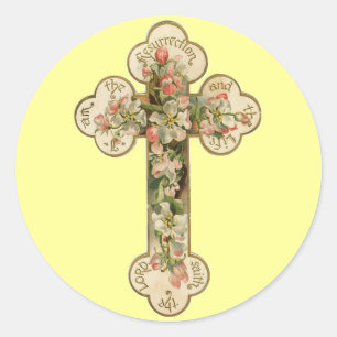 Vintage Floral Cross Classic Round Sticker