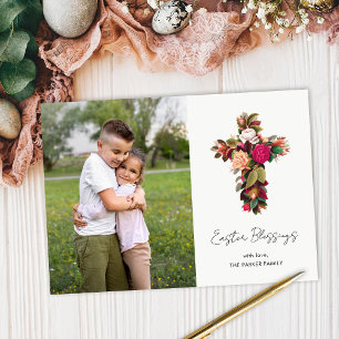 Vintage Floral Cross Easter Blessings Photo  Holiday Card