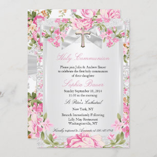 Vintage Floral Cross First Communion Pink 3 Invitation