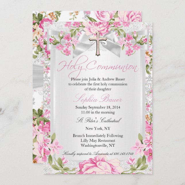 Vintage Floral Cross First Communion Pink Invitation (Front/Back)
