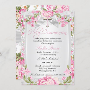 Vintage Floral Cross First Communion Pink Invitation