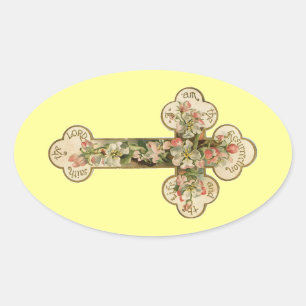 Vintage Floral Cross Oval Sticker