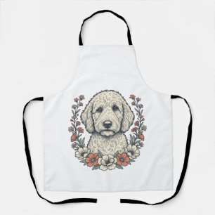 Vintage Floral Curly Dog Portrait T-Shirt Design_1 Apron