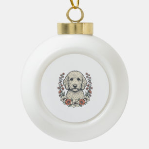 Vintage Floral Curly Dog Portrait T-Shirt Design_1 Ceramic Ball Christmas Ornament