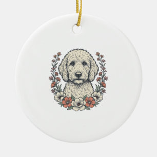Vintage Floral Curly Dog Portrait T-Shirt Design_1 Ceramic Ornament