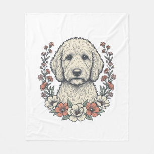 Vintage Floral Curly Dog Portrait T-Shirt Design_1 Fleece Blanket