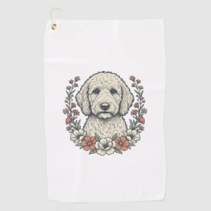 Vintage Floral Curly Dog Portrait T-Shirt Design_1 Golf Towel