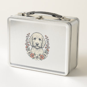 Vintage Floral Curly Dog Portrait T-Shirt Design_1 Metal Lunch Box