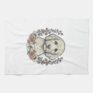 Vintage Floral Curly Dog Portrait T-Shirt Design_1 Tea Towel