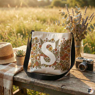 Vintage Floral Custom Monogram Initial   Boho Wild Crossbody Bag