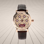 Vintage Floral Custom Name Birthday For Her Chic  Watch<br><div class="desc">Inspired by tile patterns in the 70s and 80s, this watch for women featuring vintage and chic floral patterns and rhinestone design in wine red, light yellow, beige and brown color palette, is perfect as your own personalized jewellery or as a gift for “her” - your family members, friends or...</div>