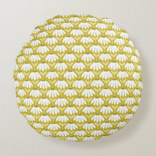 Vintage Floral Daisies Pattern Dark Gold & Olive Round Cushion